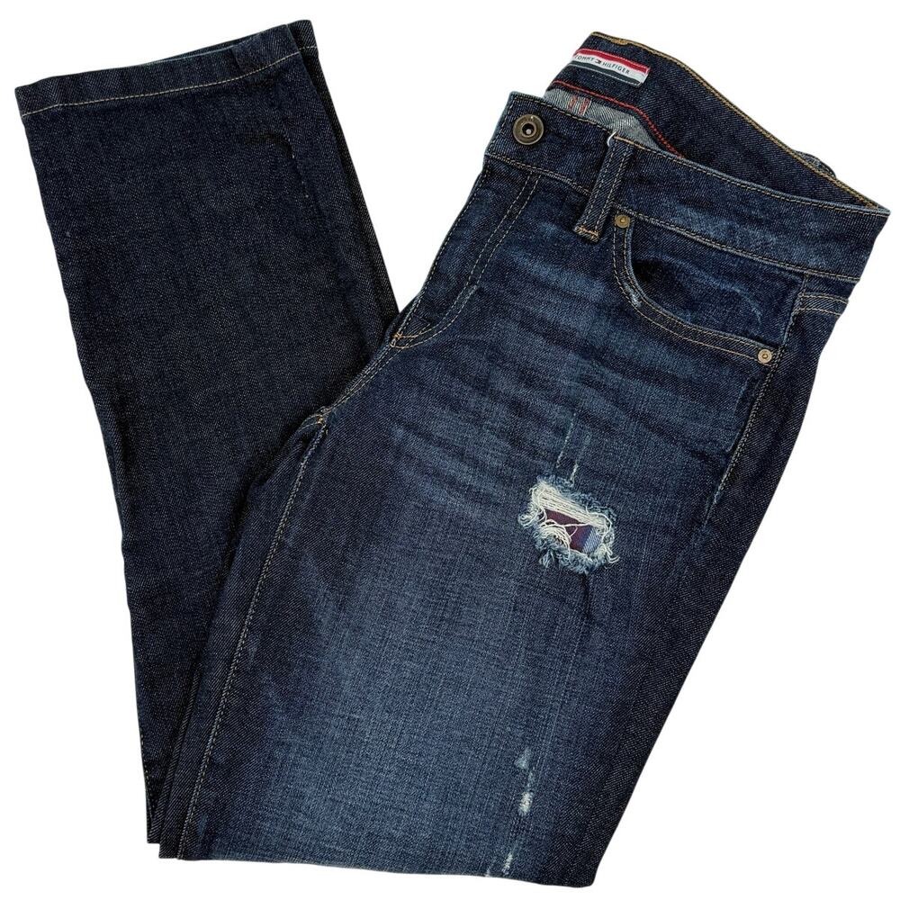 Tommy Hilfiger Distressed Straight Leg Denim Cropped Jeans Sz 4 Preppy Heritage